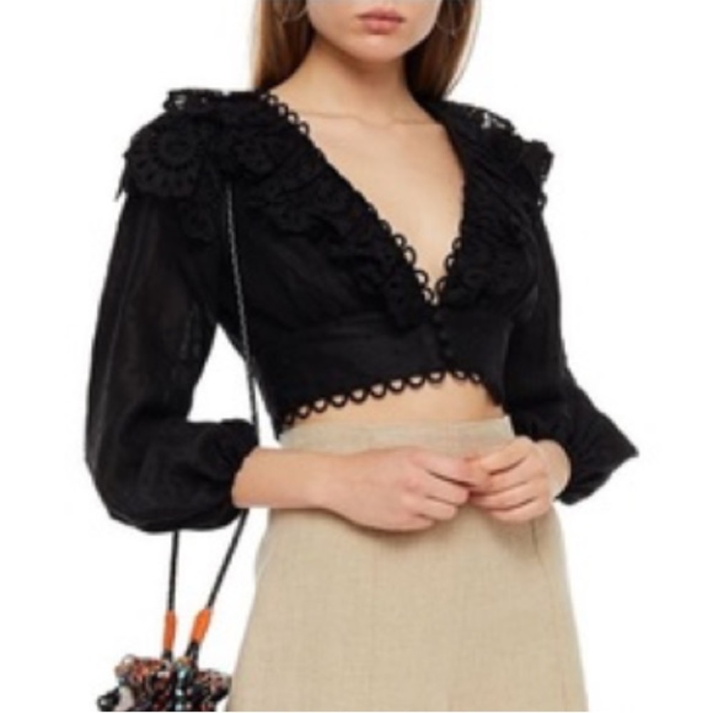 ZIMMERMANN BELLTITUDE SCALLOP CROP size 1 Black Scalloped Linen Elastic sleeves